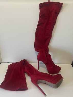 Fashion Nova Red suede over the knee boots - 7